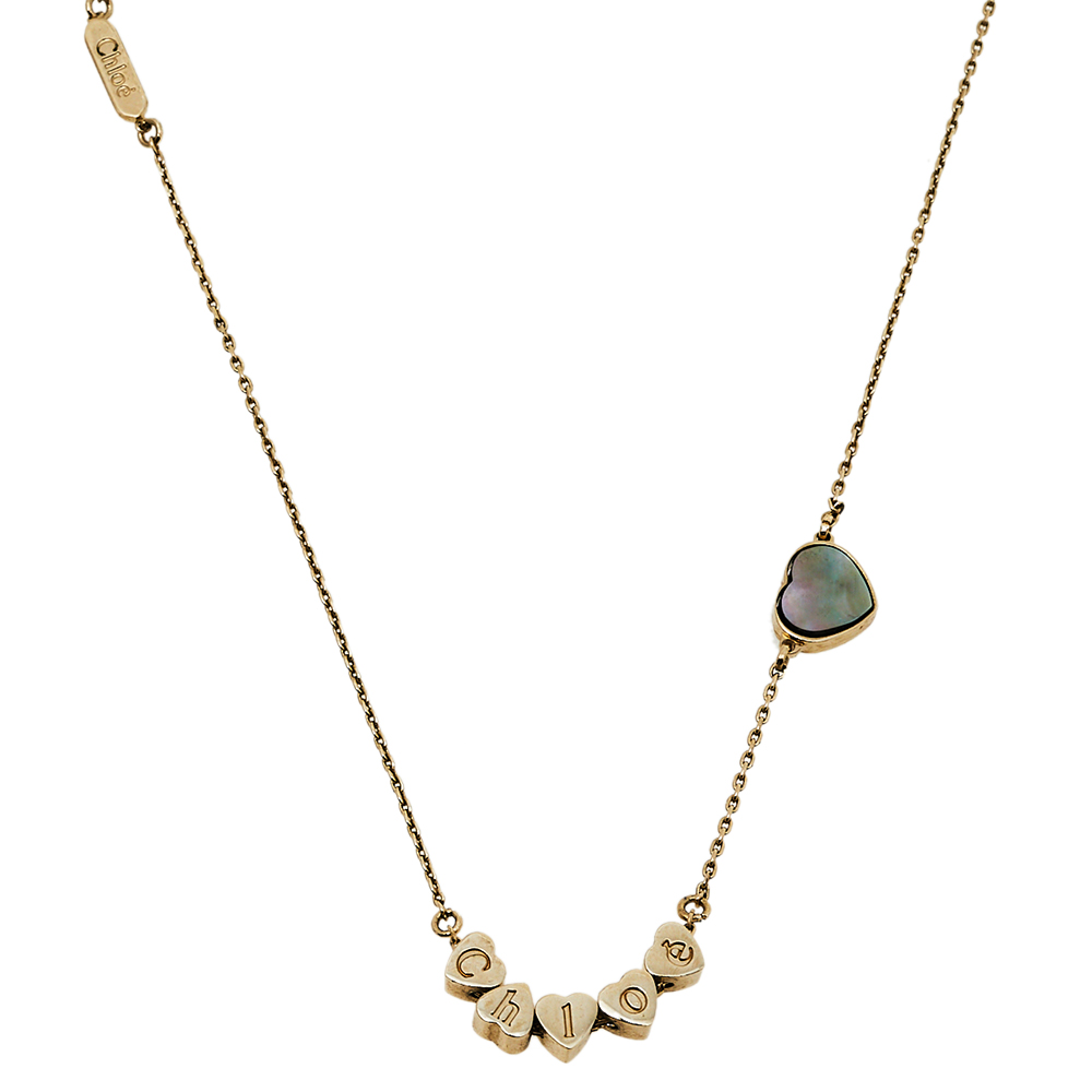 Chloé Gold Tone Logo Charms Mother of Pearl Heart Necklace