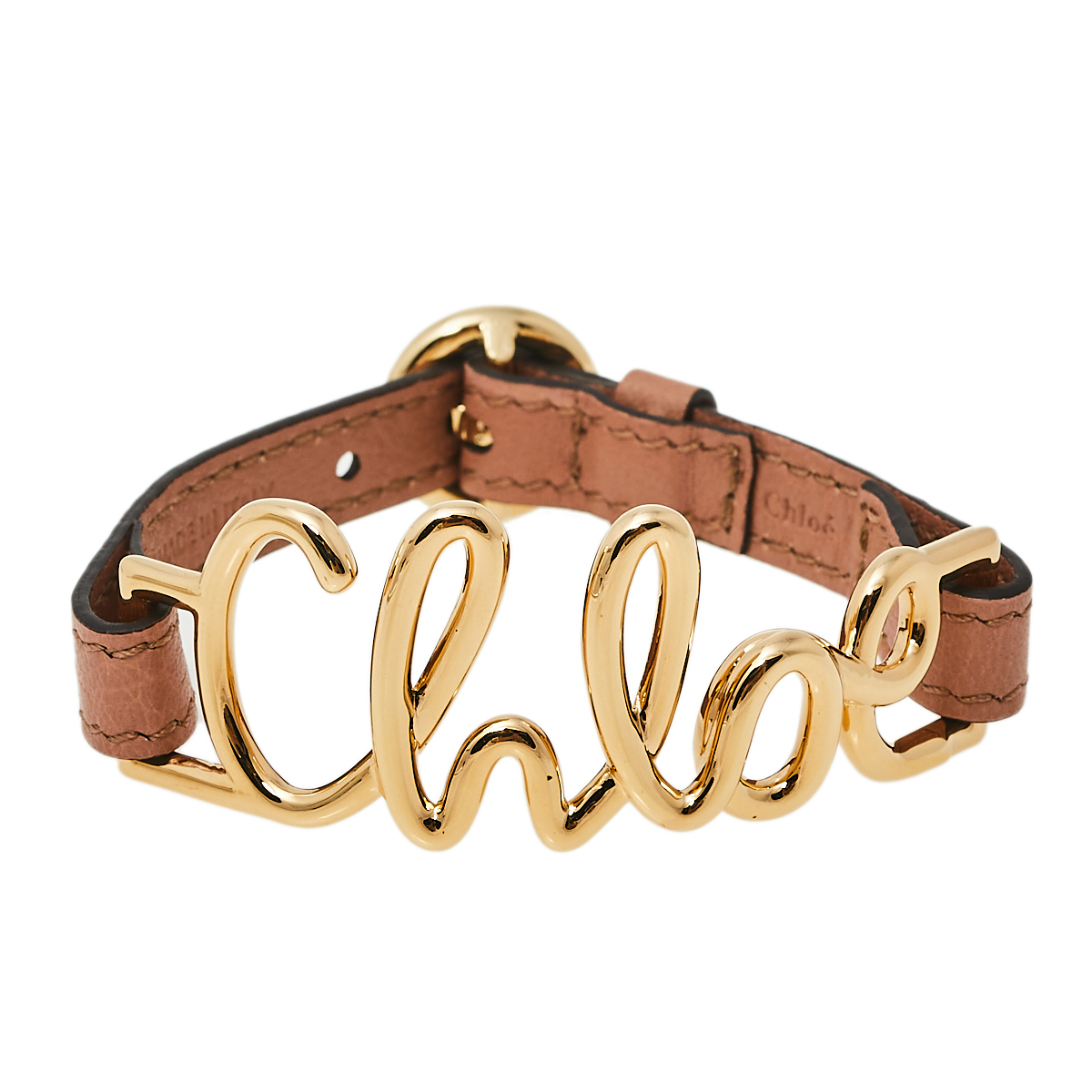 Chloe Brown Leather Gold Tone Logo Bracelet
