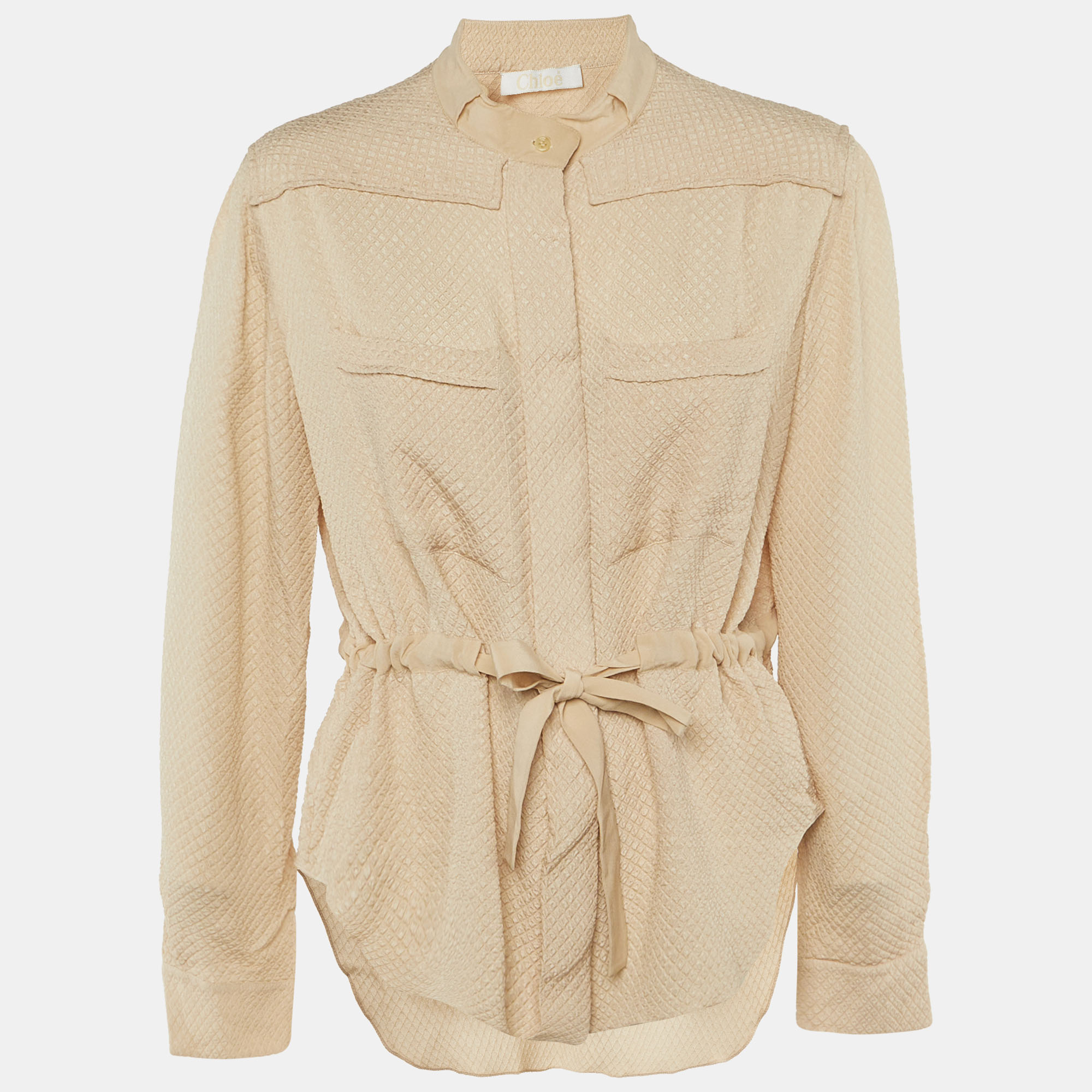 Chloe Beige Embossed Silk Blend Tie Waist Blouse L
Chloe Beige Embossed Silk Blend Tie Waist Blouse L