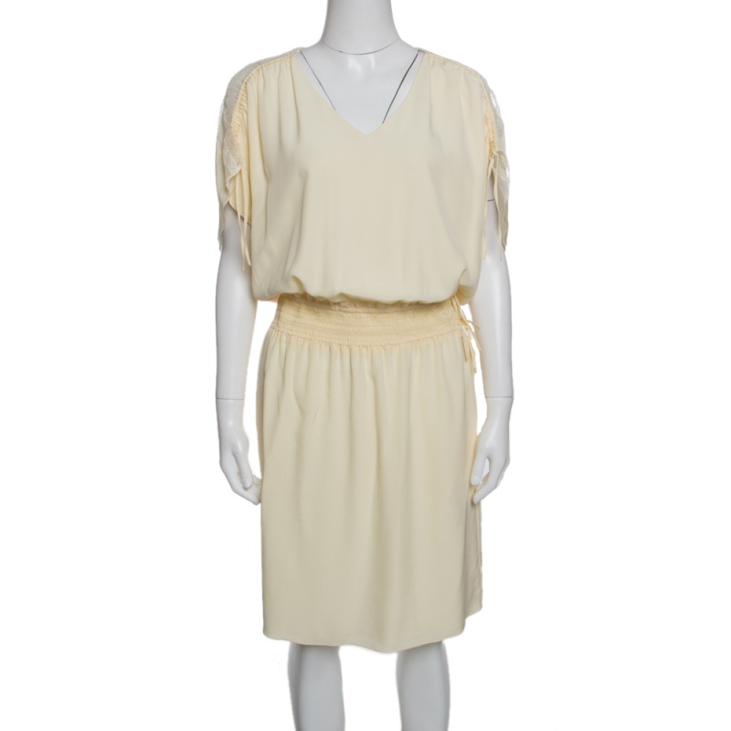 Chloe vanilla yellow smocked waist lace insert tie detail dress m