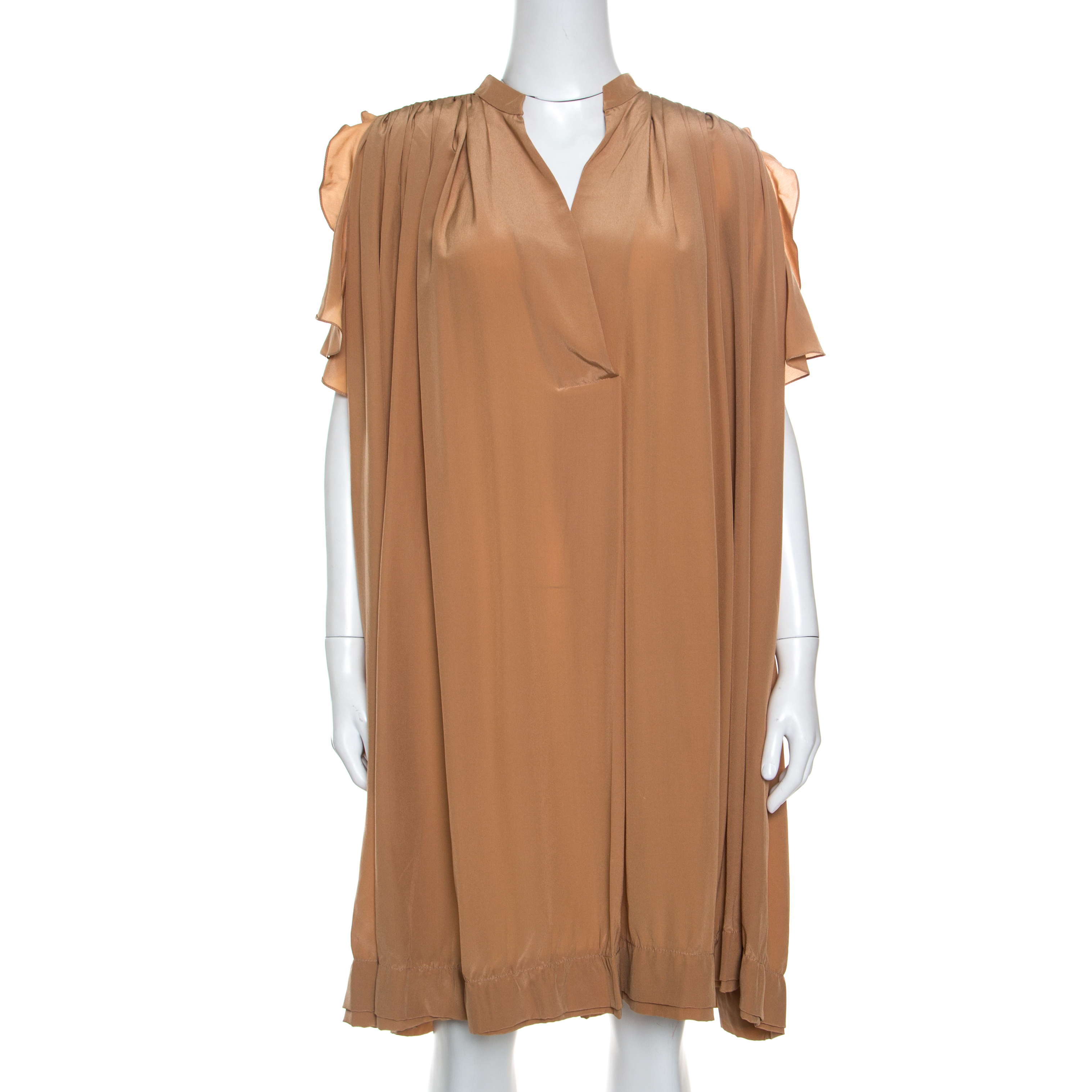 Chloe american tan crepe silk ruffled sleeveless billowy dress m