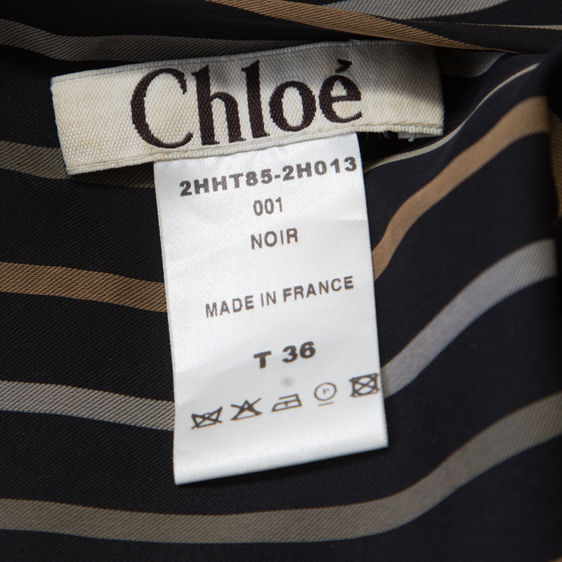 Chloe Noir Striped Silk Asymmetric Draped Detail Lurex Strap Top S