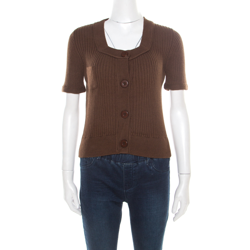 Chloe Brown Cotton And Linen Rib Knit Crop Top M