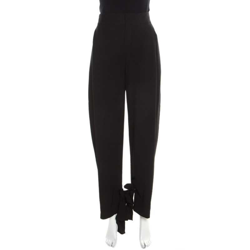 Image of Chloe Black Crepe High Waist Tie Bottom Detail Wide Leg Trousers S