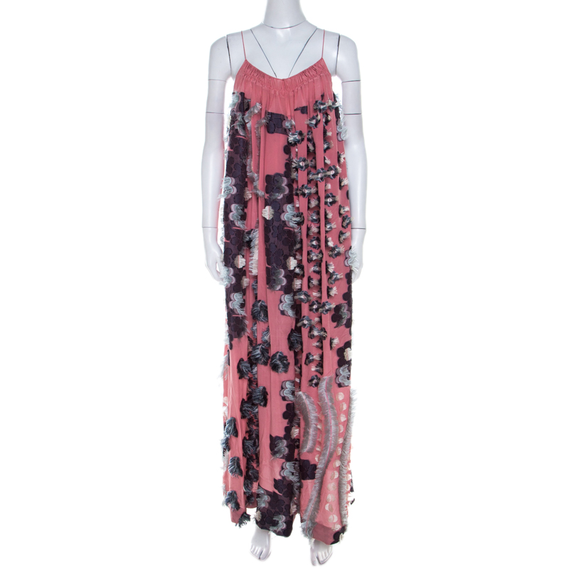 Chloe Pink Silk Chiffon Feather Applique Embellished Maxi Dress M