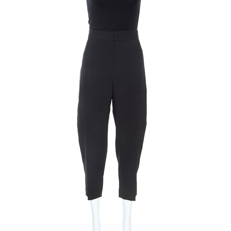 Image of Chloe Black Crepe Pintucked Crease Detail Cropped Trousers M
