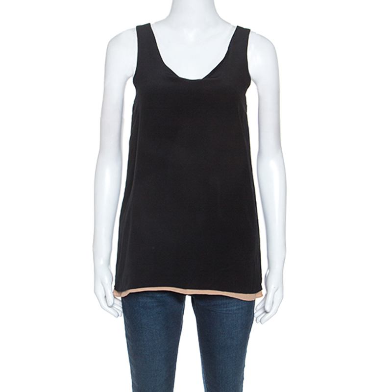 Image of Chloe Black & Beige Silk Crepe Sleeveless Top S