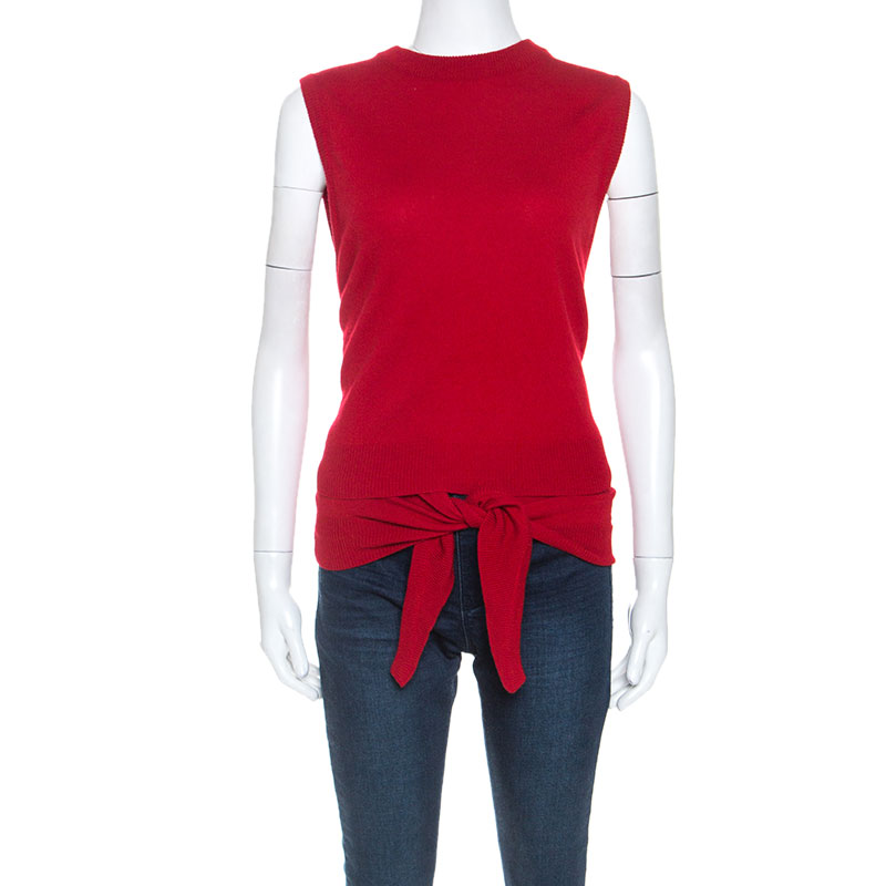 Image of Chloe Red Cashmere Knit Wrap Around Front Tie Detail Top XS