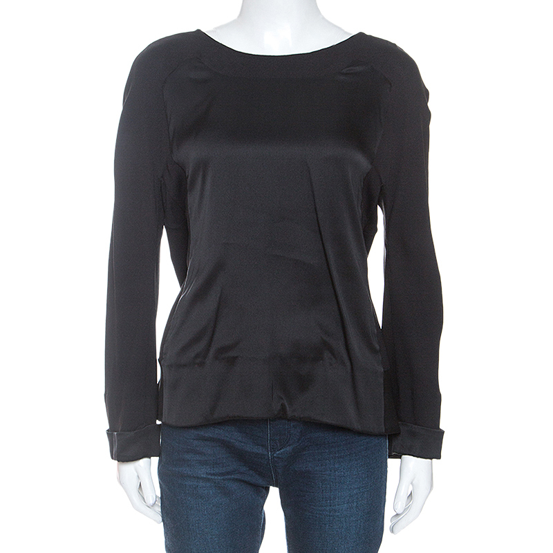 Image of Chloe Black Satin And Chiffon Back Tie Detail Long Sleeve Top L