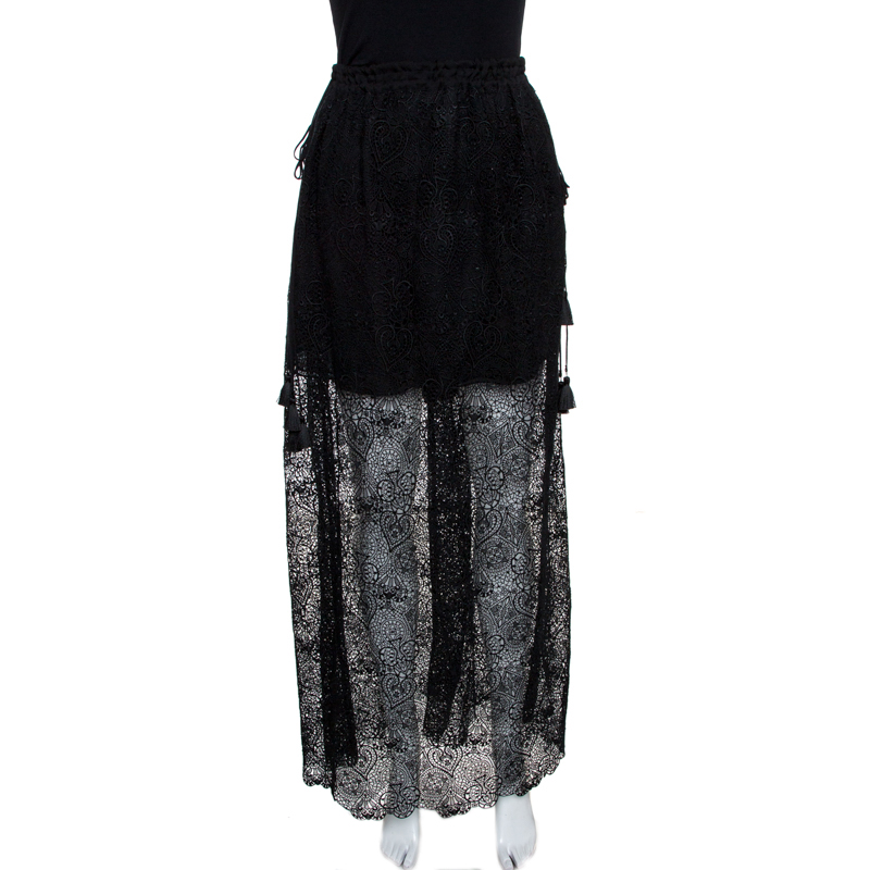 Image of Chloe Black Sheer Cotton Lace Overlay Maxi Skirt M