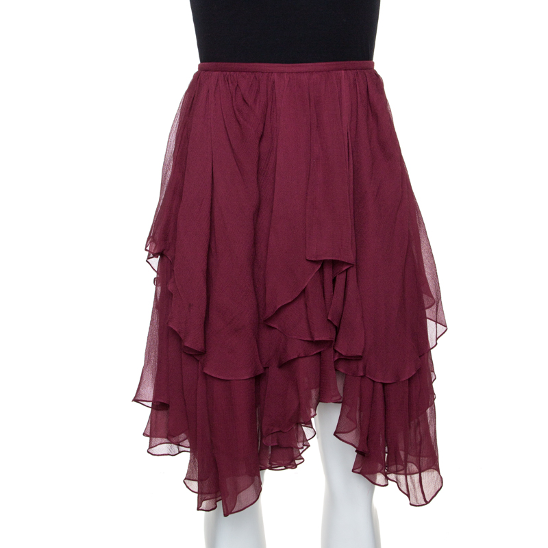 Image of Chlo&eacute; Burgundy Georgette Silk Asymmetric Layered Mini Skirt M