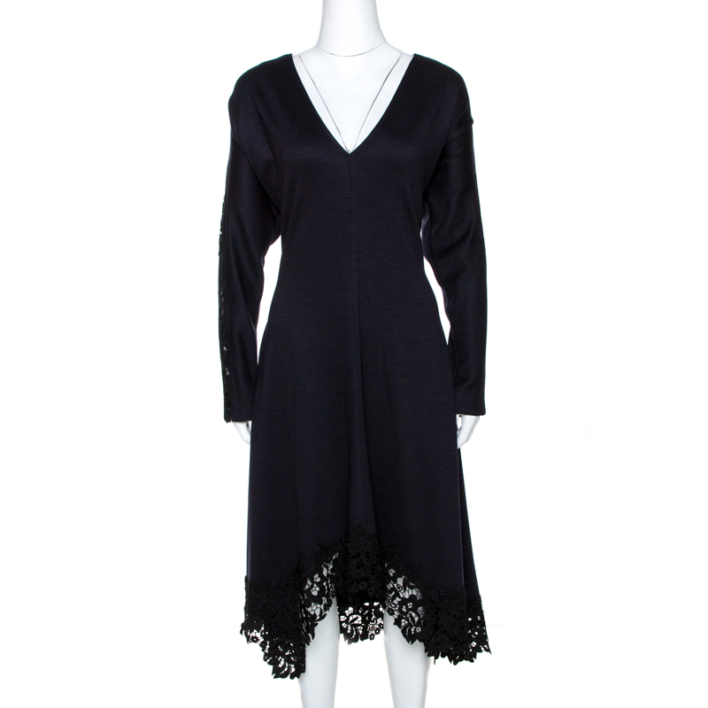 Image of Chlo&eacute; Navy Blue Stretch Wool Lace Trim Flared Midi Dress M