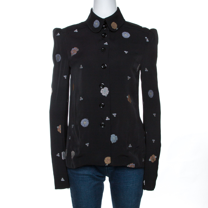 Image of Chlo&eacute; Black Floral Motif Jacquard Button Front Blouse M