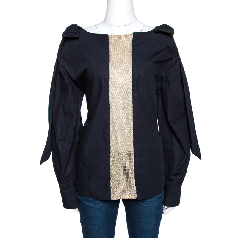 Image of Chloe Anthracite Blue Cotton Cut Out Bow Detail Top S