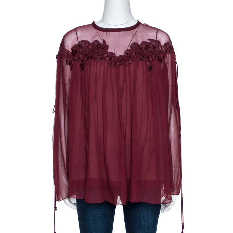 Image of Chloe Plum Red Silk Lace Trim Tie Detail Gathered Blouse M