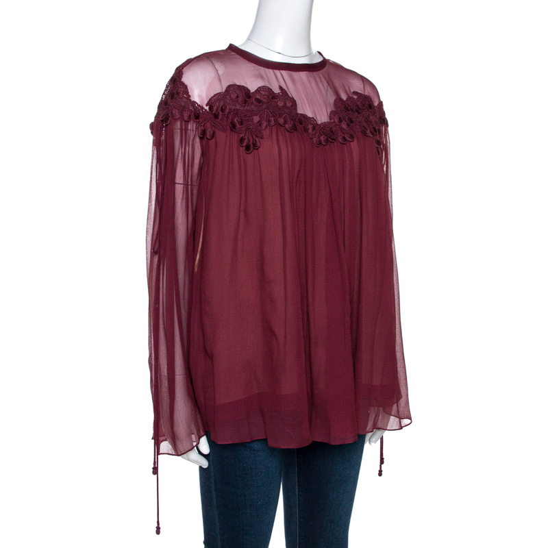 

Chloe Plum Red Silk Lace Trim Tie Detail Gathered Blouse, Burgundy