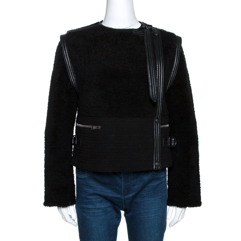 Image of Chloe Black Shearling Leather Trim Biker Jacket S