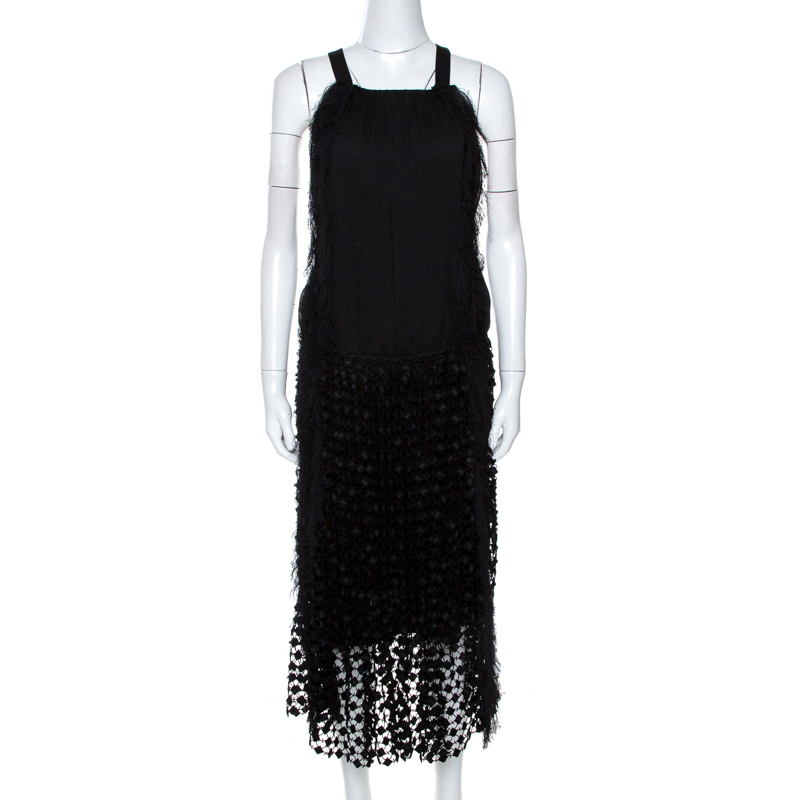Image of Chloe Black Crepe Lace Skirt Trim Fringed Sleeveless Dress M
