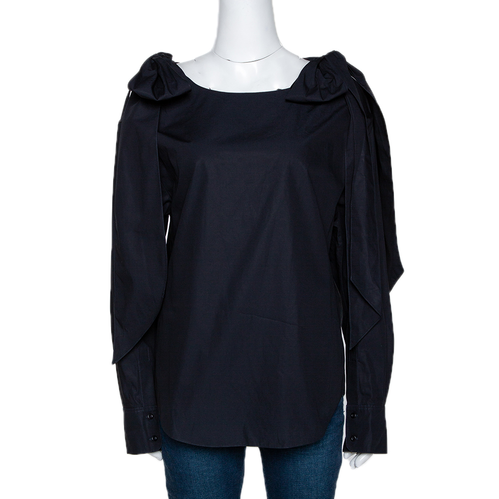 Image of Chloe Anthracite Blue Cotton Bow Detail Long Sleeve Top M