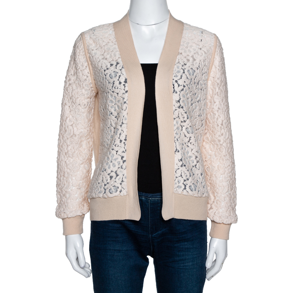 Image of Chlo&eacute; Peach Cashmere Wool Guipure Lace Detail Open Cardigan M