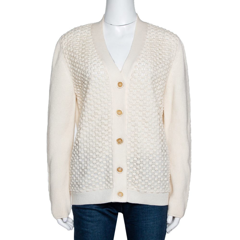 Image of Chlo&eacute; Natural Cream Wool Lace Overlay Button Front Cardigan L