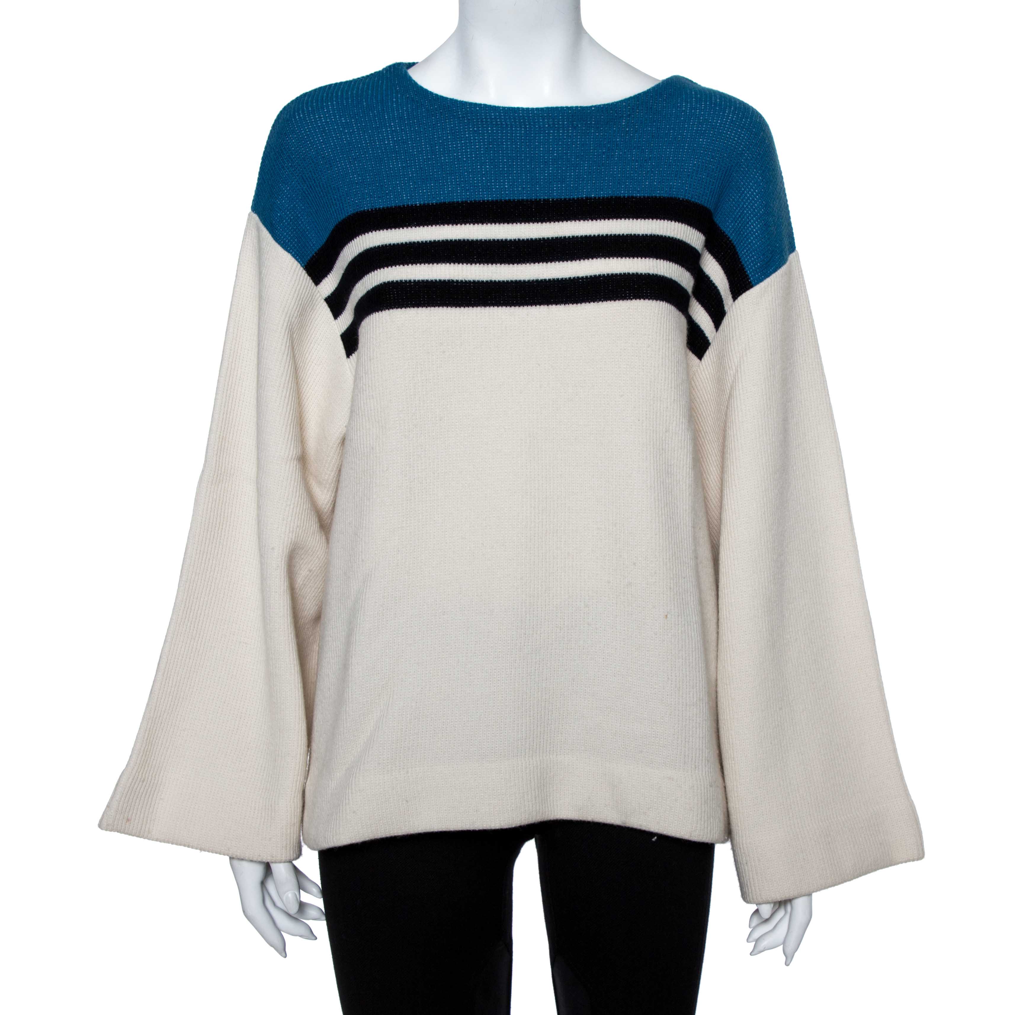 Chloe Cream & Blue Striped Cashmere Wide Sleeve Sweater M