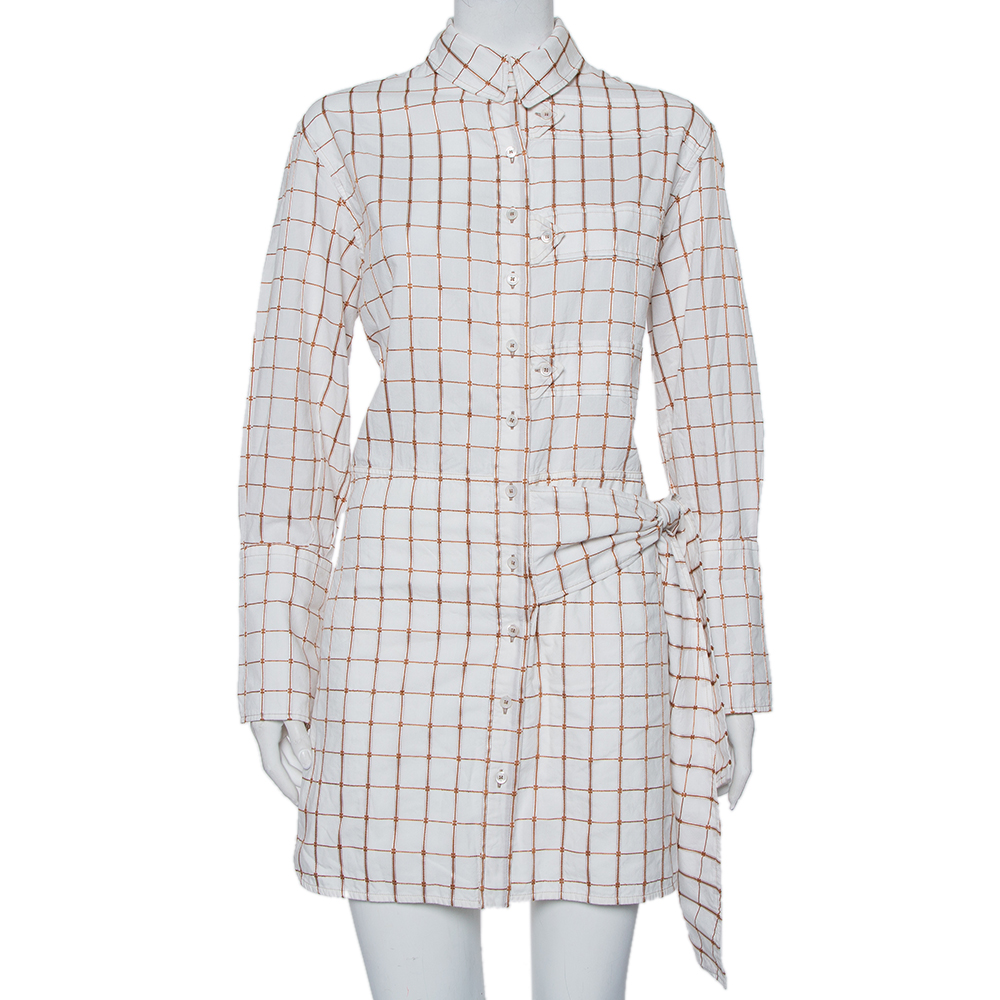 Chloe White & Brown Checkered Cotton Waist Tie Detail Mini Shirt Dress M