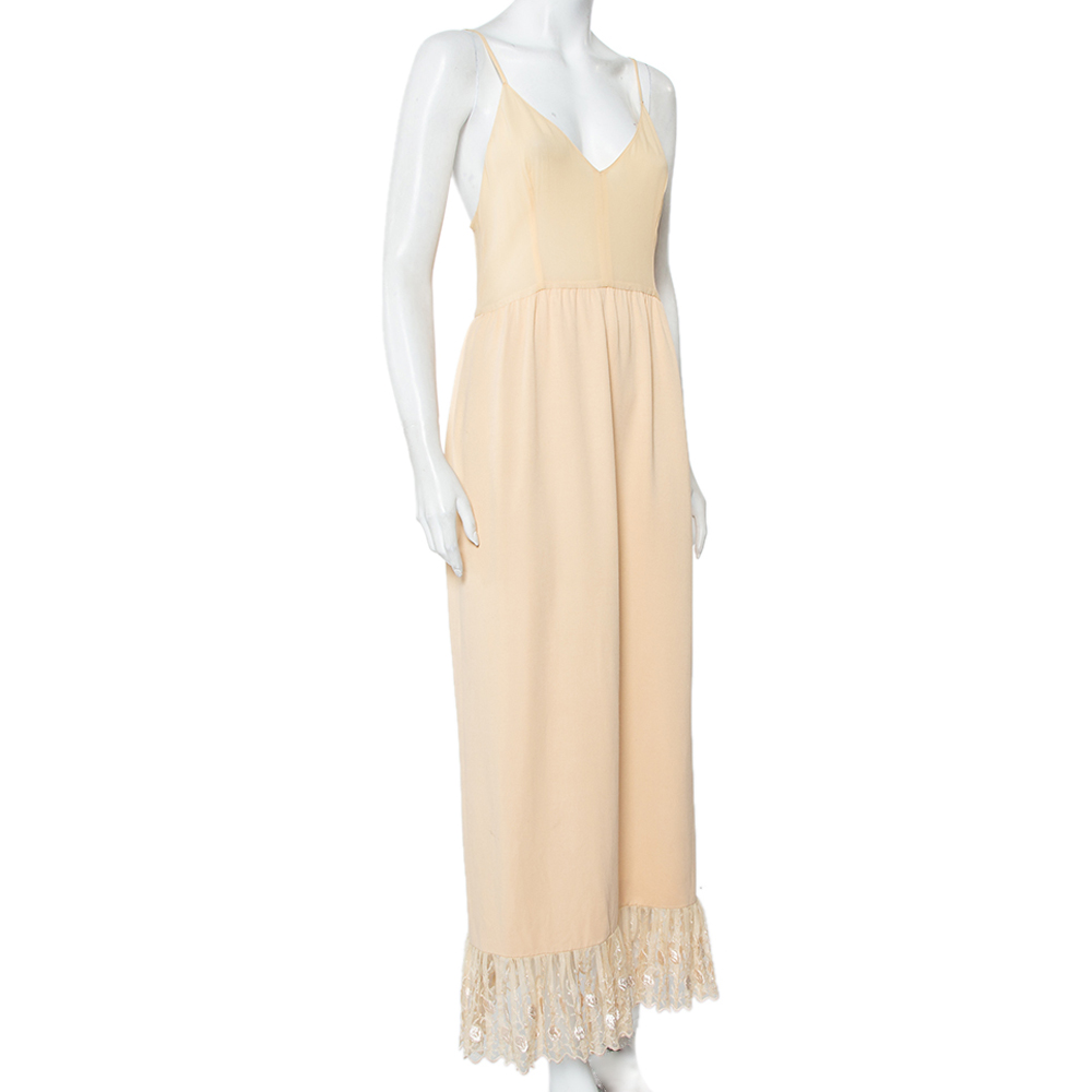 Chloe Vintage Beige Silk & Crepe Paneled Lace Trim Maxi Dress M