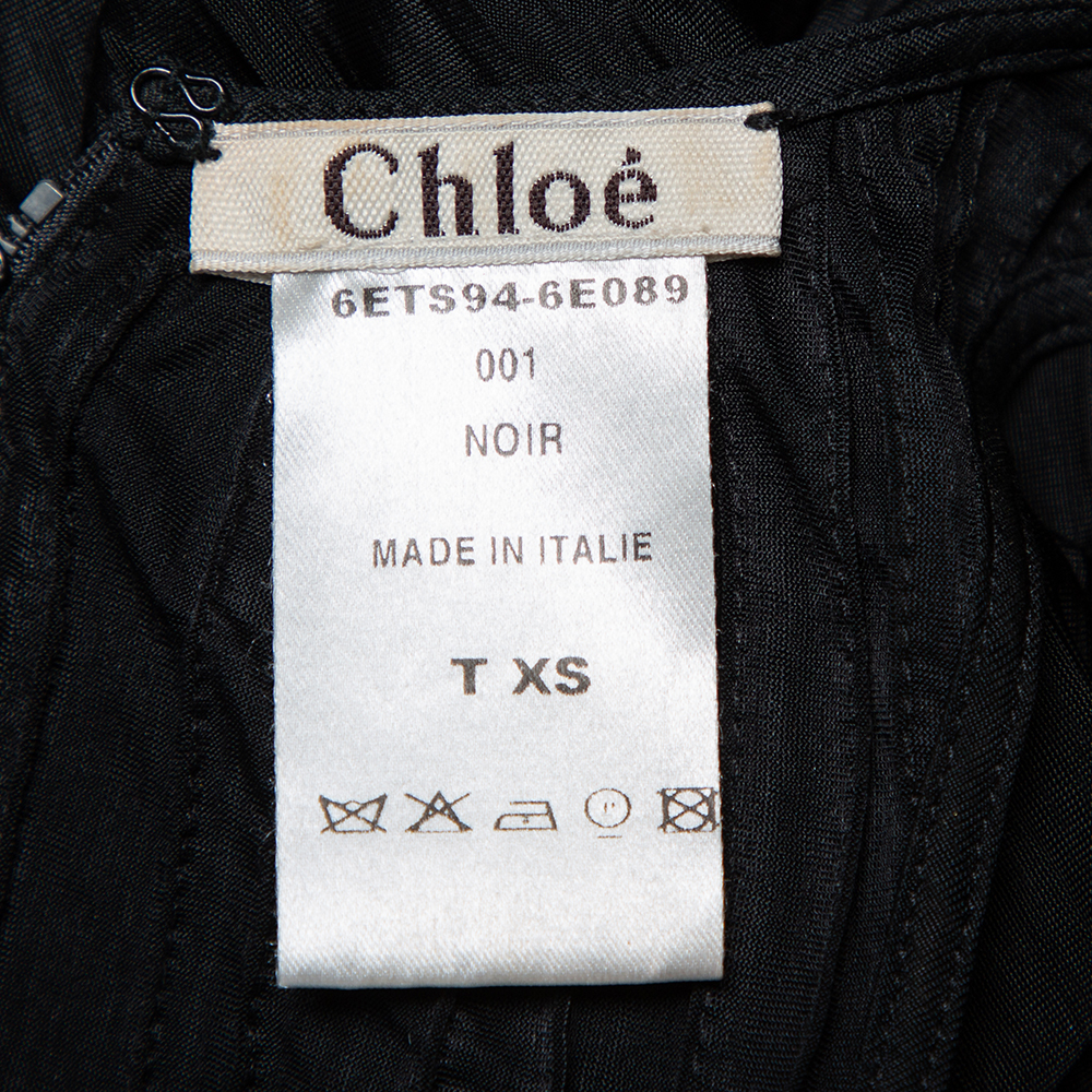 Chloe Black Pleated Silk Bow Detail Flared Noir Dress XS