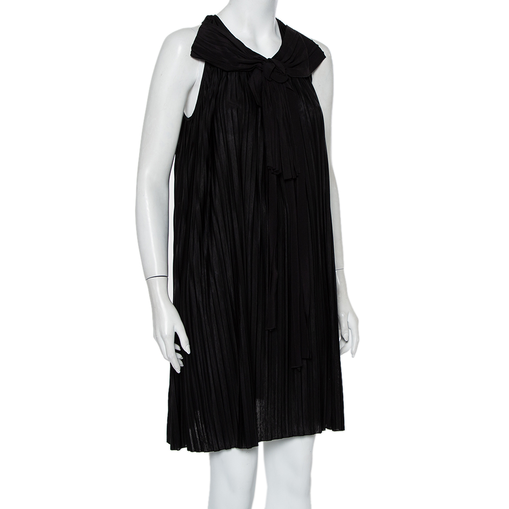 Chloe Black Pleated Silk Bow Detail Flared Noir Dress XS