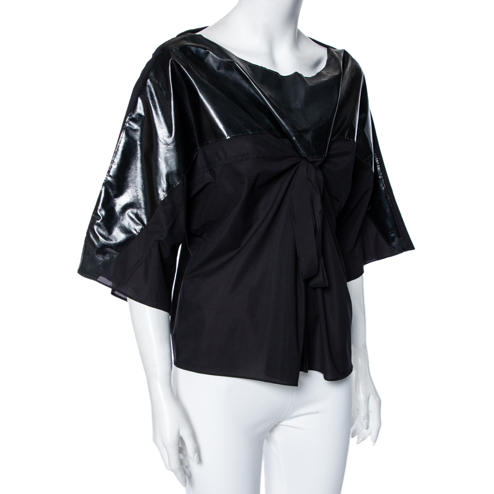 Chloe Black Synthetic Gathered Short Sleeve Top M