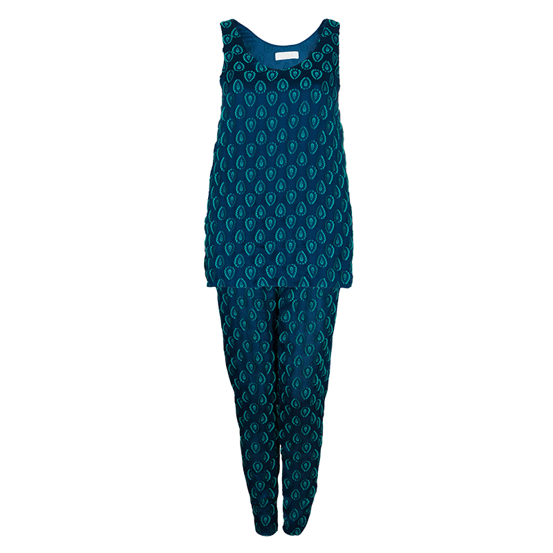 Image of Chloe Cyan Blue Crinkled Silk Jacquard Top And Pants Set S