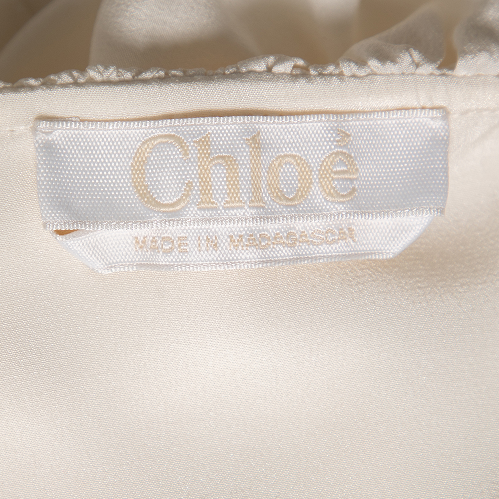 Chloe Off White Silk Ruffle Trimmed Neck Tie Detail Blouse S