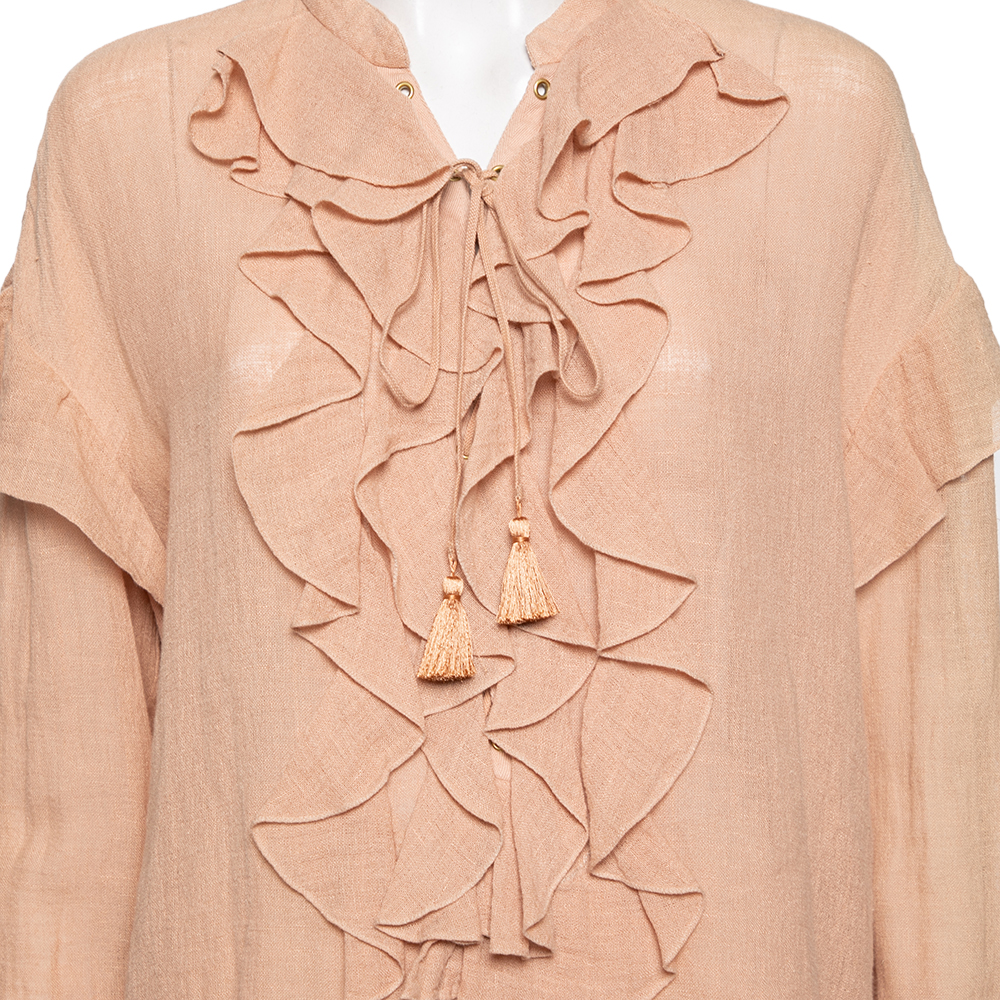 Chloe Beige Cotton Ruffle And Lace Up Front Blouse M