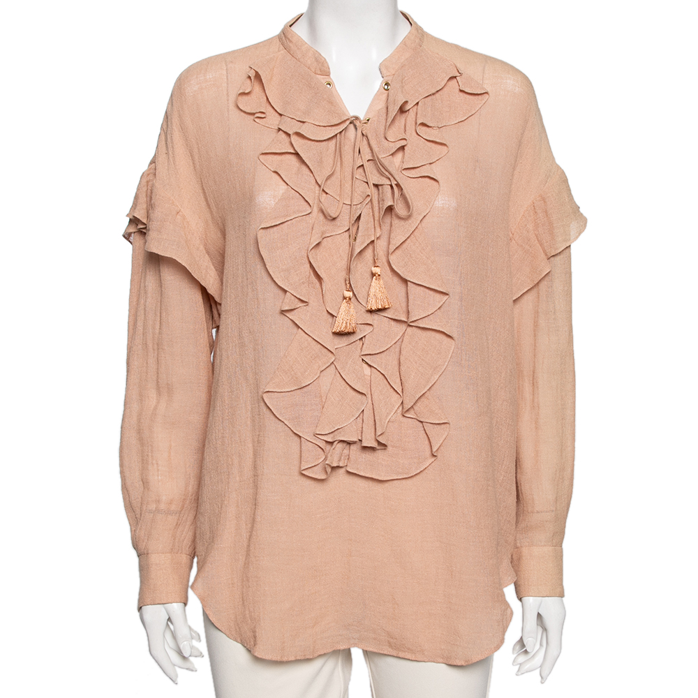 Chloe Beige Cotton Ruffle And Lace Up Front Blouse M