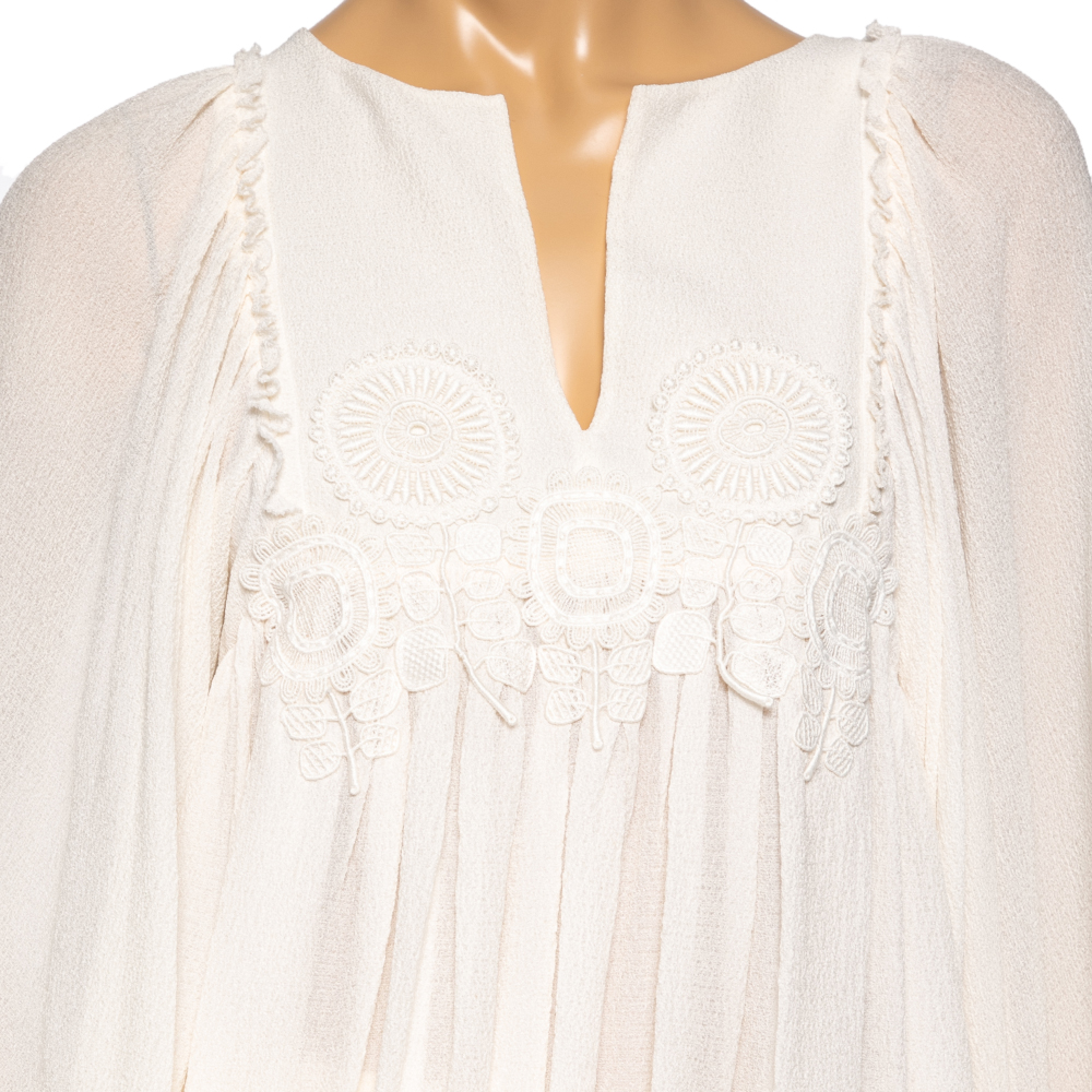 Chloe Cream Crinkle Silk Lace Trim Detailed Blouse And Skirt S