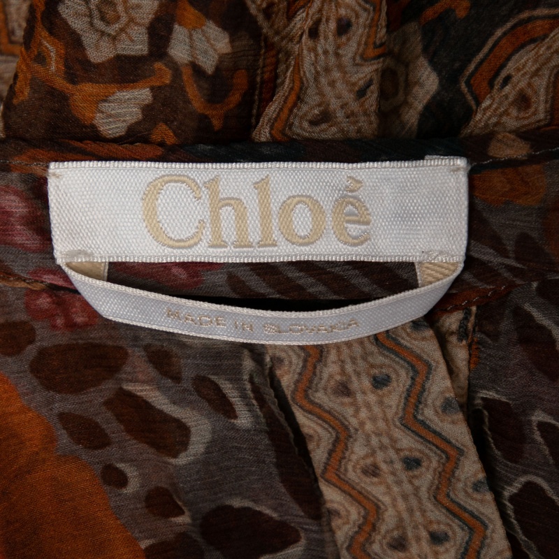 Chloe Rust Orange Printed Silk Chiffon Gathered Sleeve Detail Blouse L