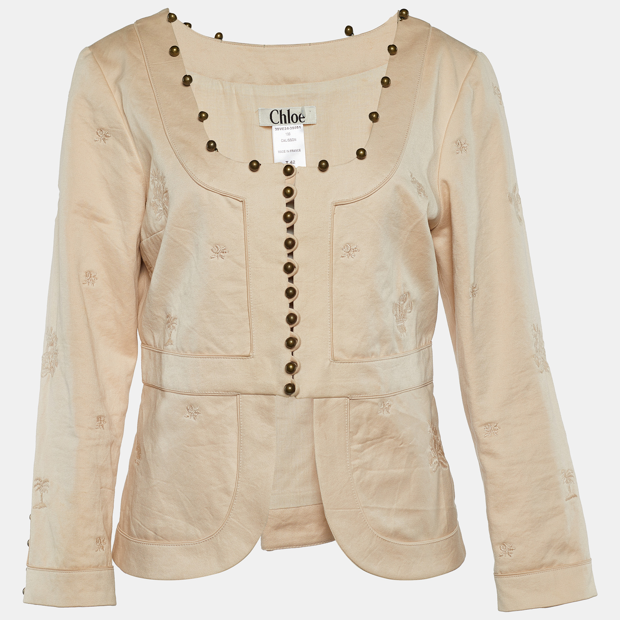 Chloe beige cotton embroidered button front top l