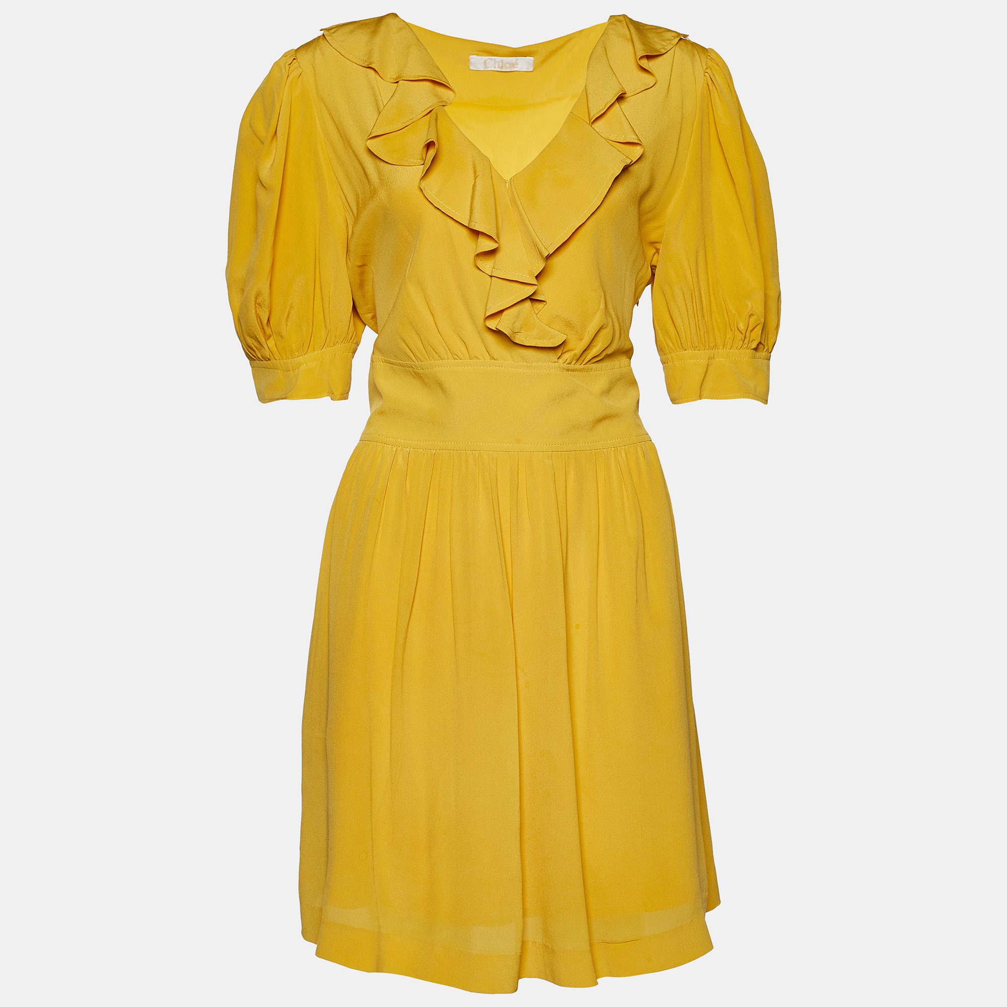 Chloe Yellow Silk Ruffled Neck Knee-Length Dress L