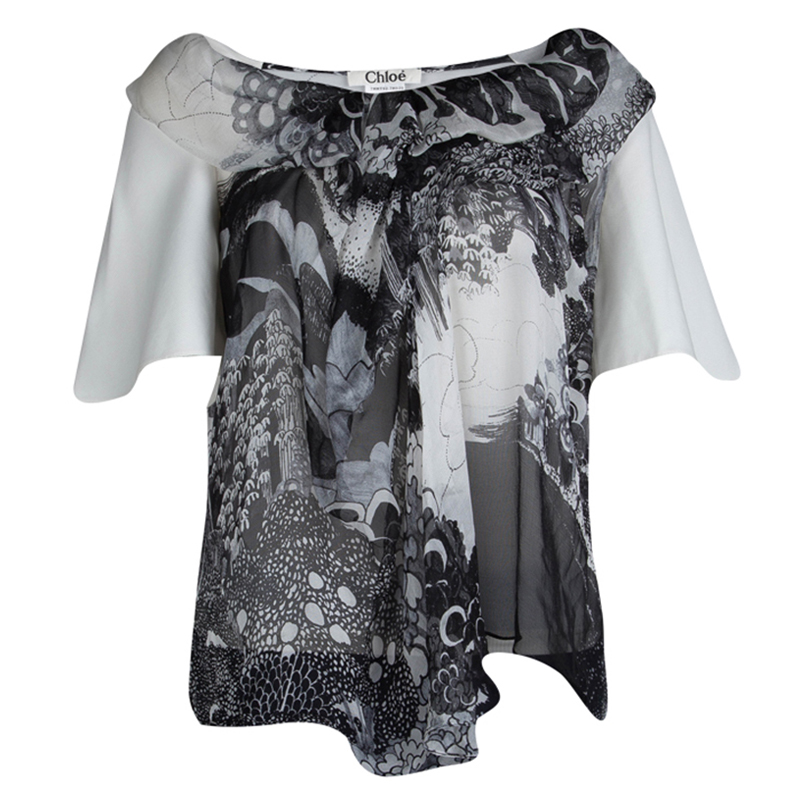 Image of Chloe Monochrome Printed Sheer Chiffon Short Sleeve Blouse S