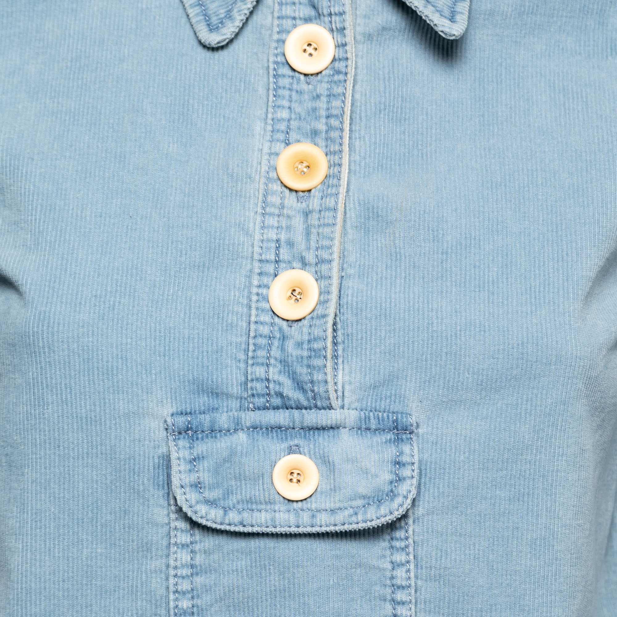 Chloe Light Blue Corduroy Pocket Detail Collared Top S
