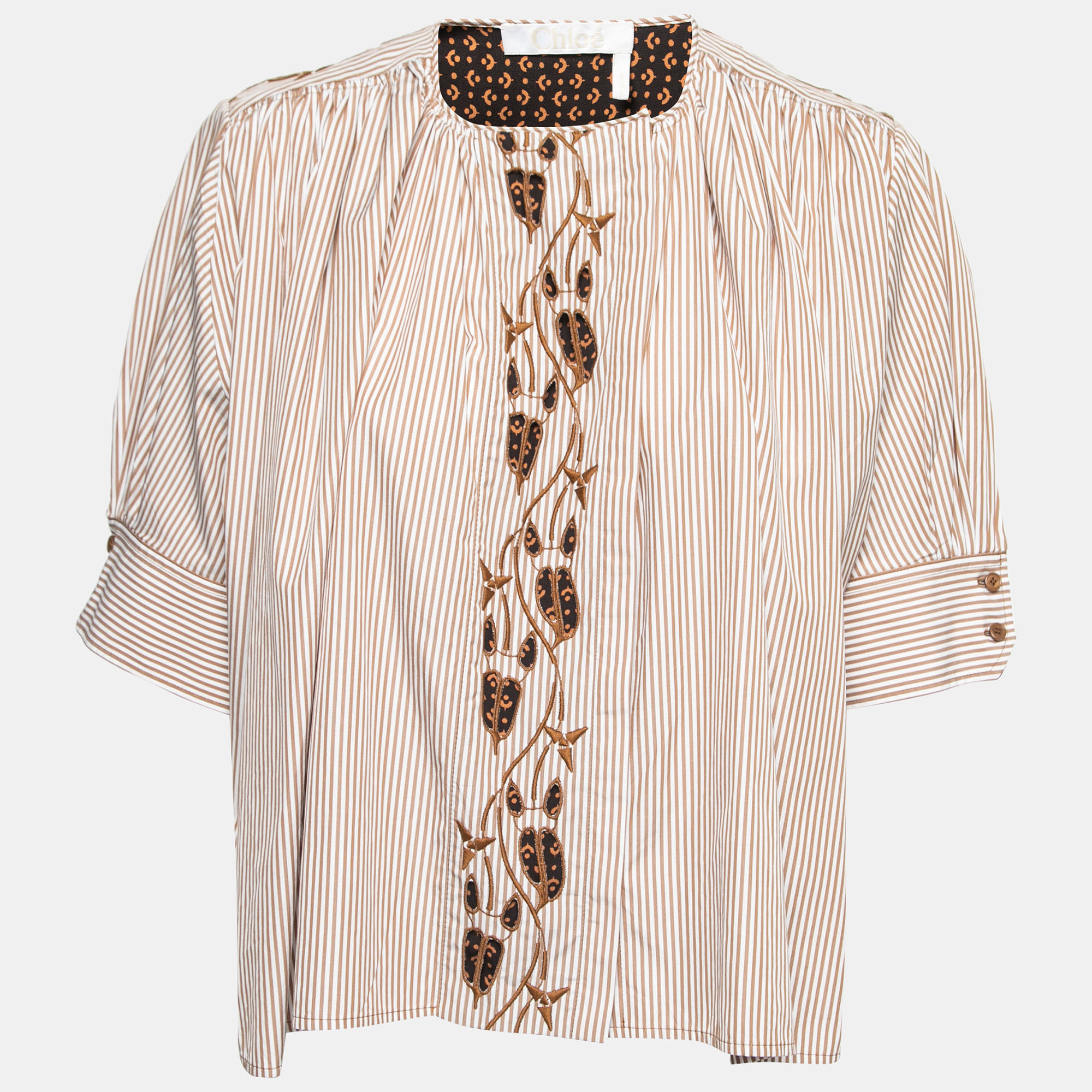 Chloe Beige Striped Cotton Embroidered Blouse M