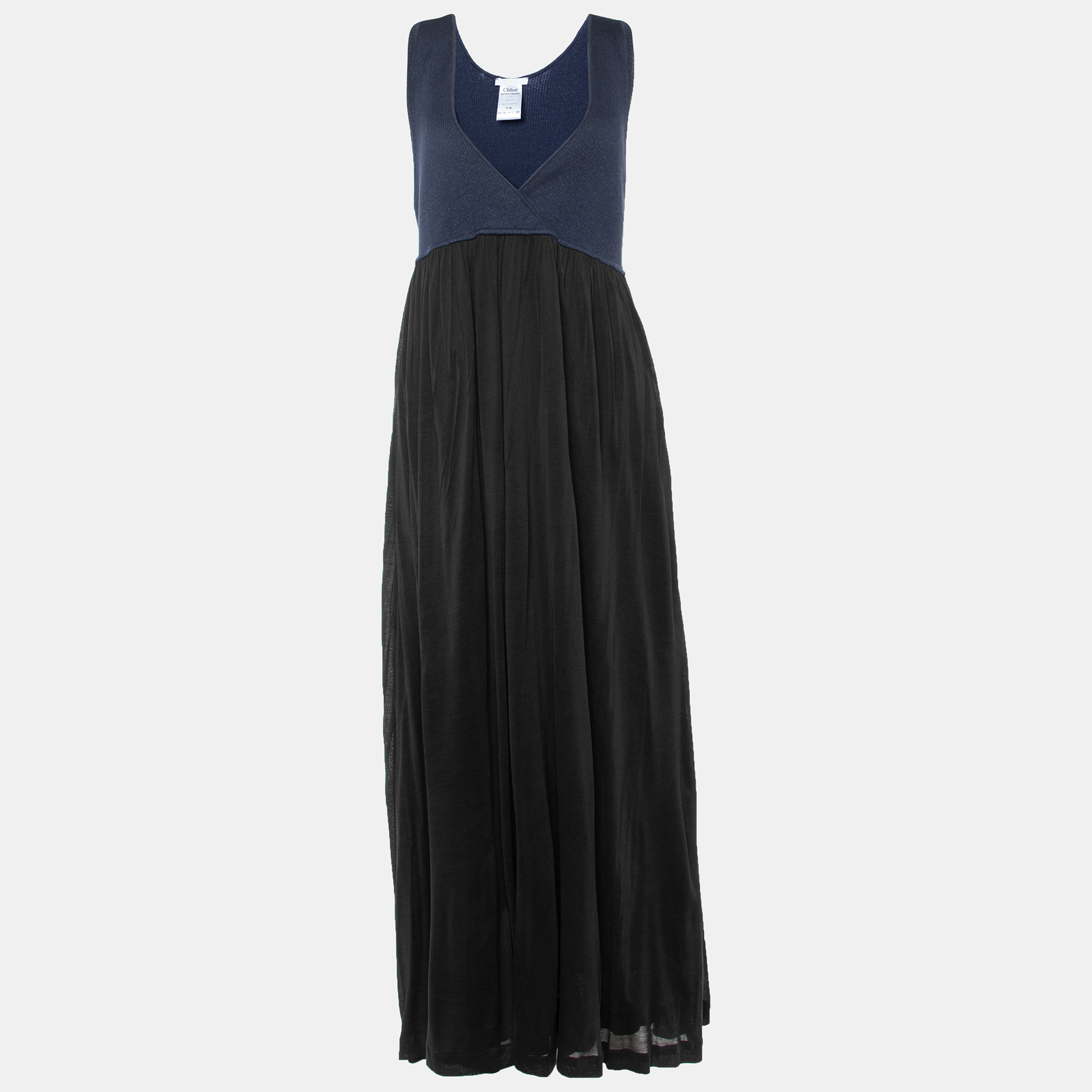 Chloe navy blue knit & black skirt detail maxi dress m