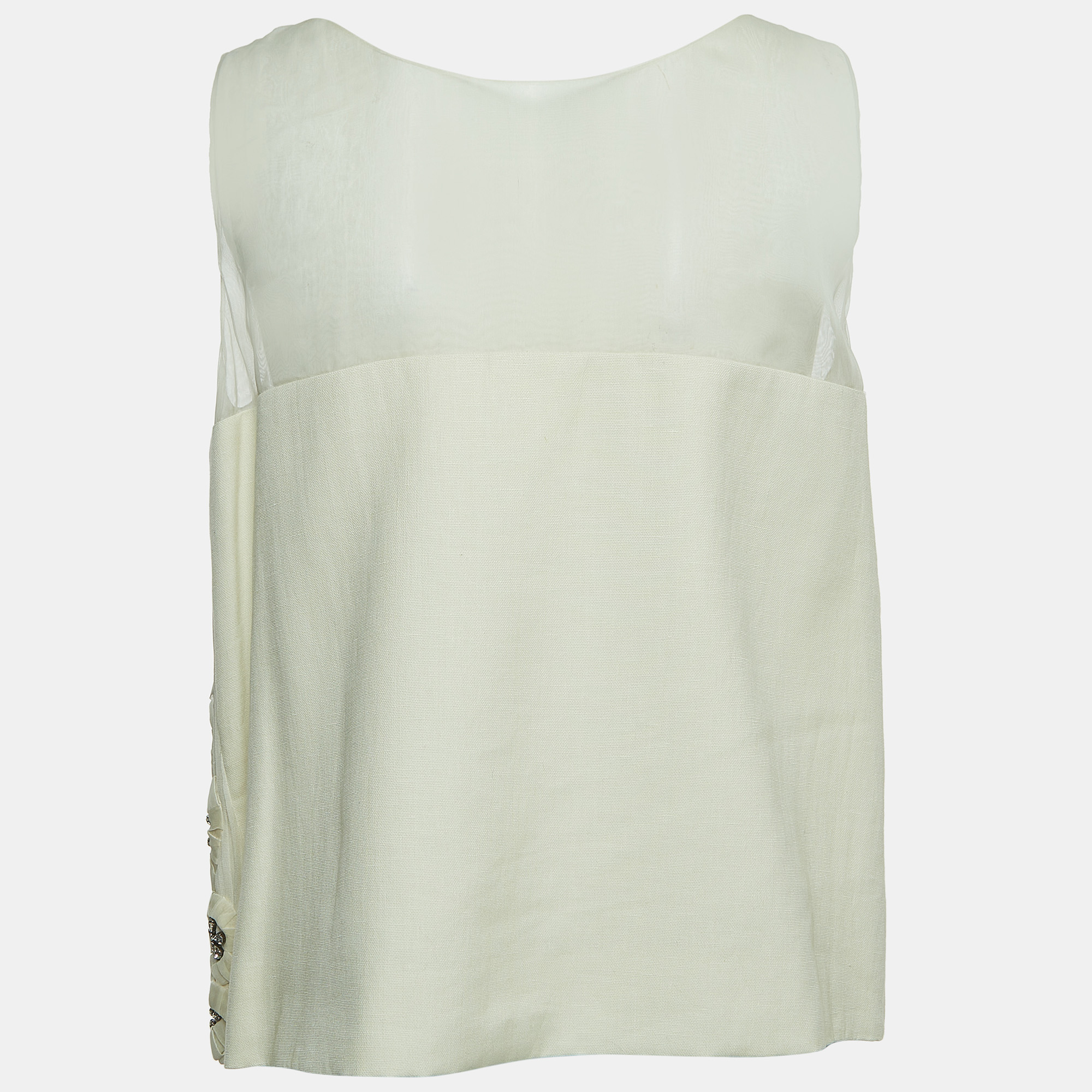 Chloe Cream Crystals Embellished Silk & Linen Blend Sleeveless Top M