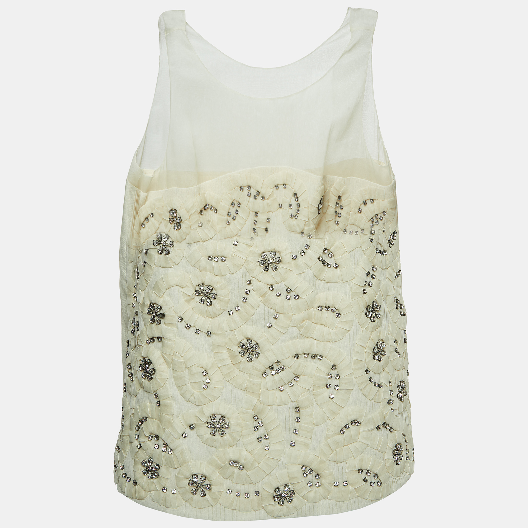 Chloe Cream Crystals Embellished Silk & Linen Blend Sleeveless Top M