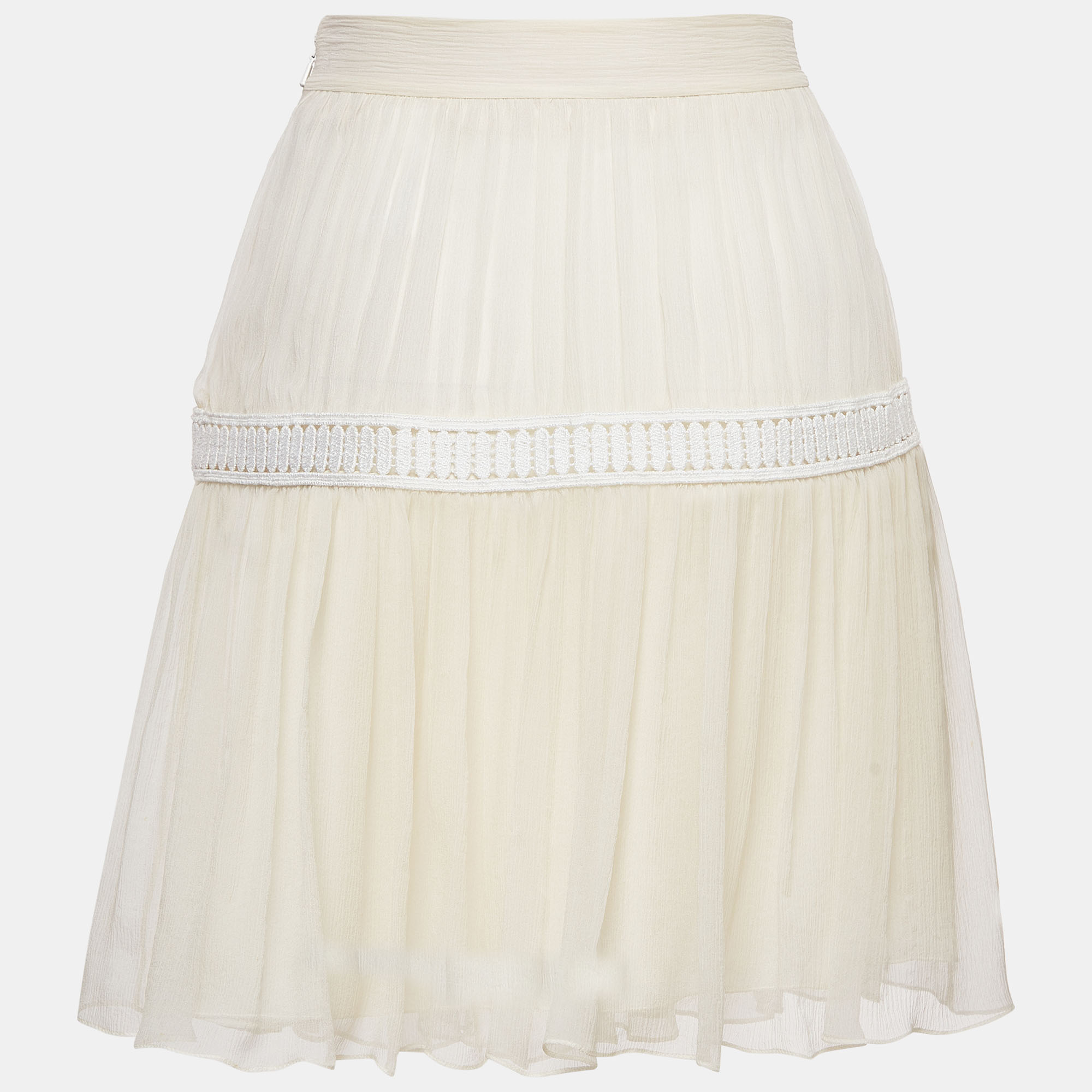 Chloe White Lace Trim Silk Gathered Mini Skirt S