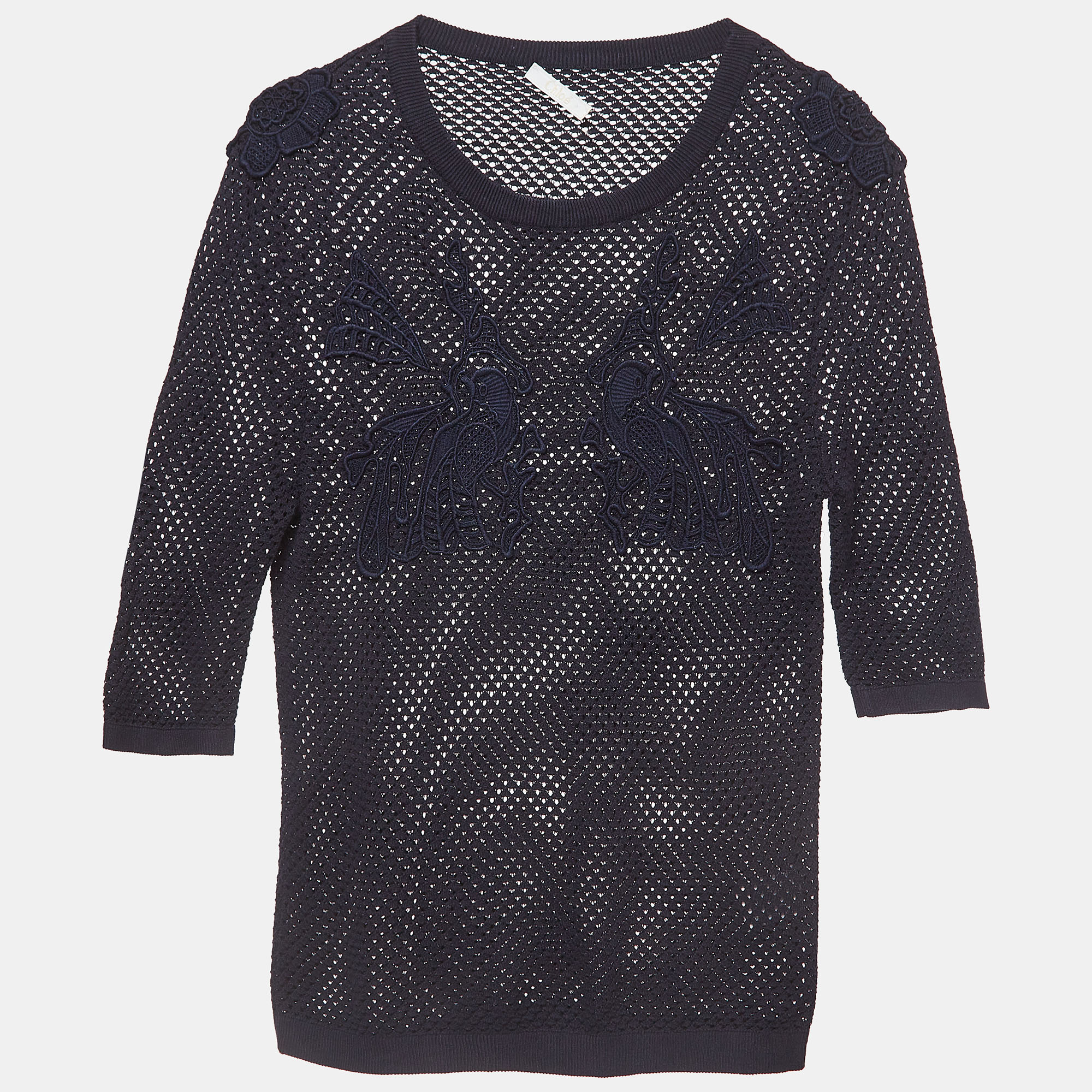 Chlo&eacute; navy blue applique detail cotton crochet crew neck t-shirt m