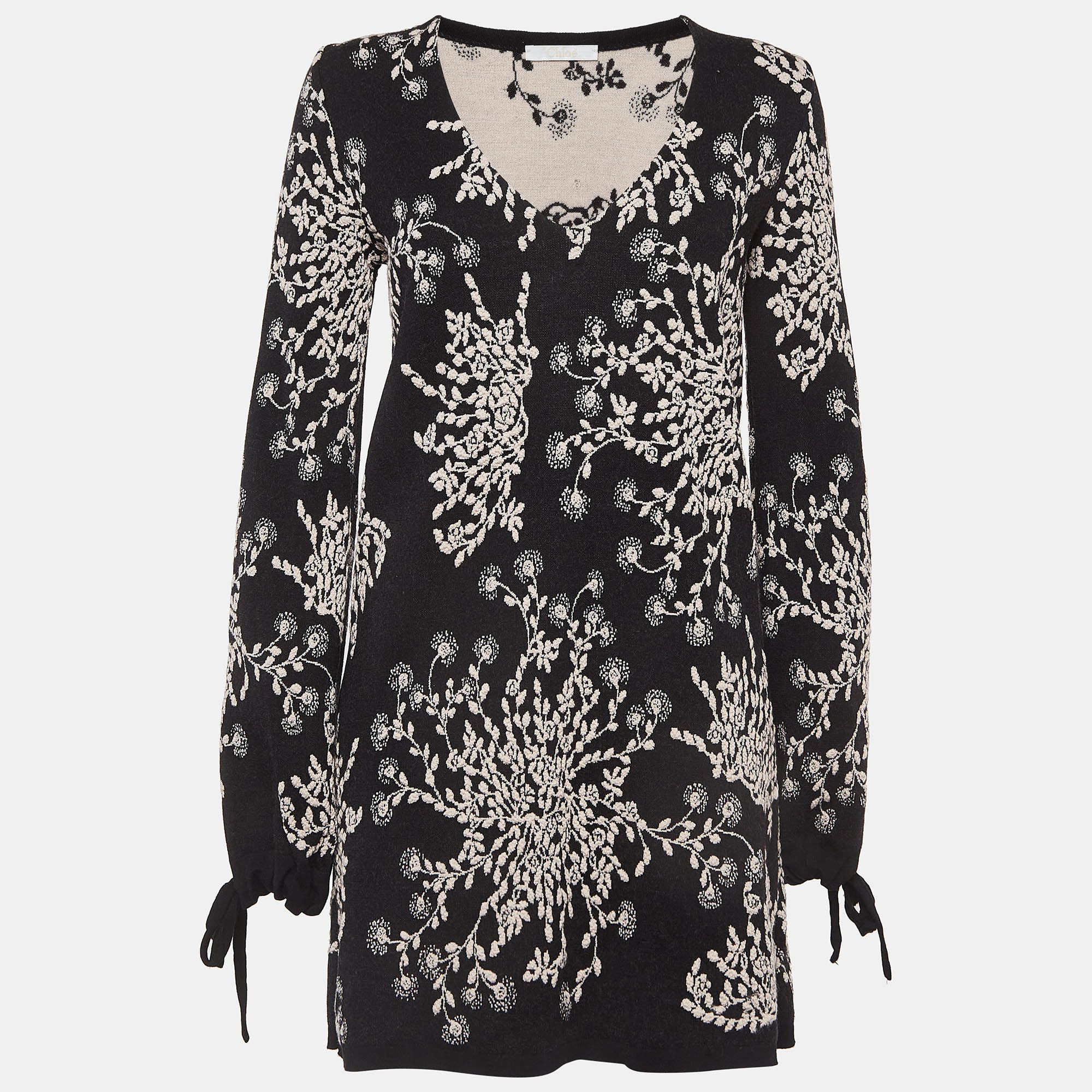 Chloe black floral intarsia knit v-neck mini dress m