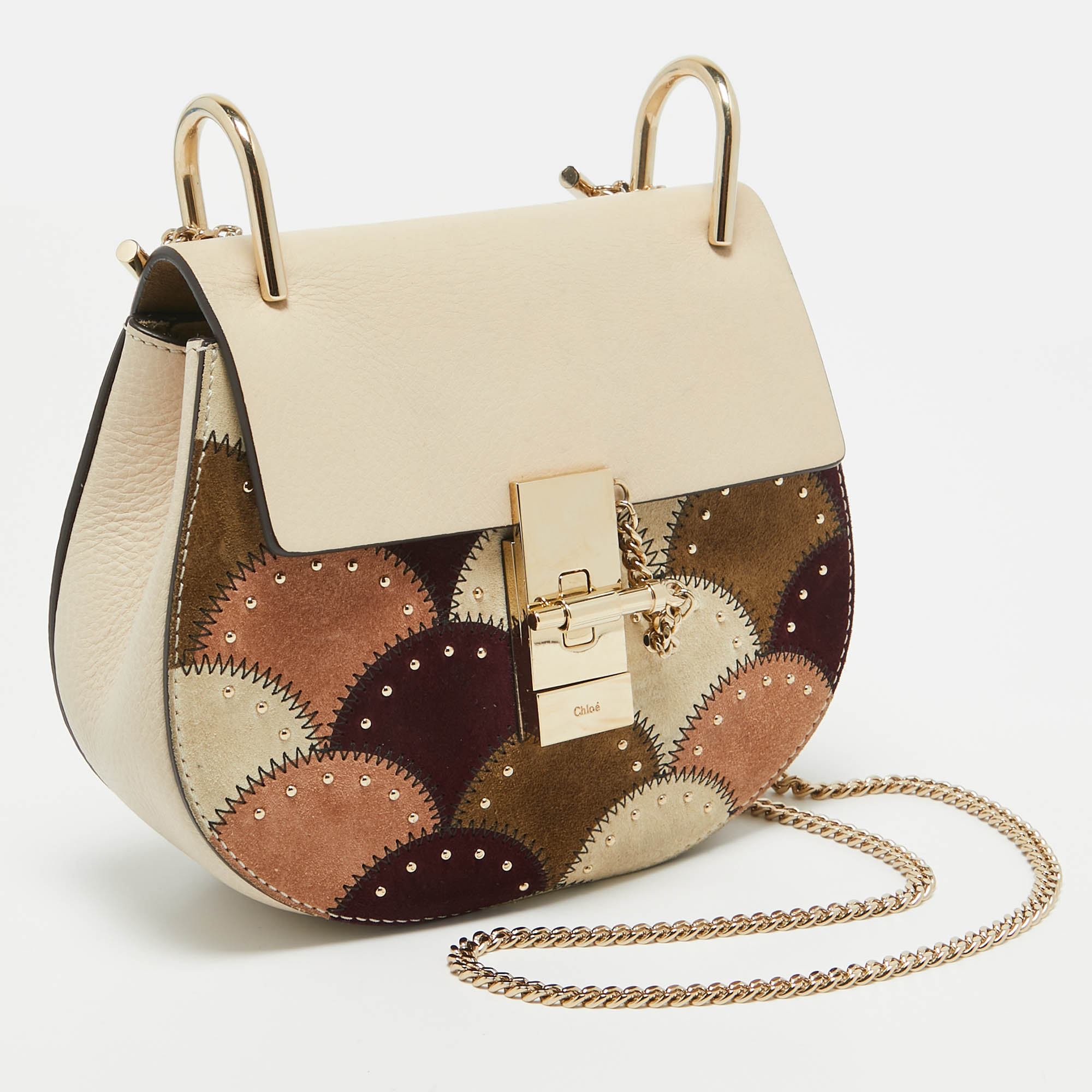 Chloe Multicolor Leather And Suede Studded Patchwork Small Drew Bag