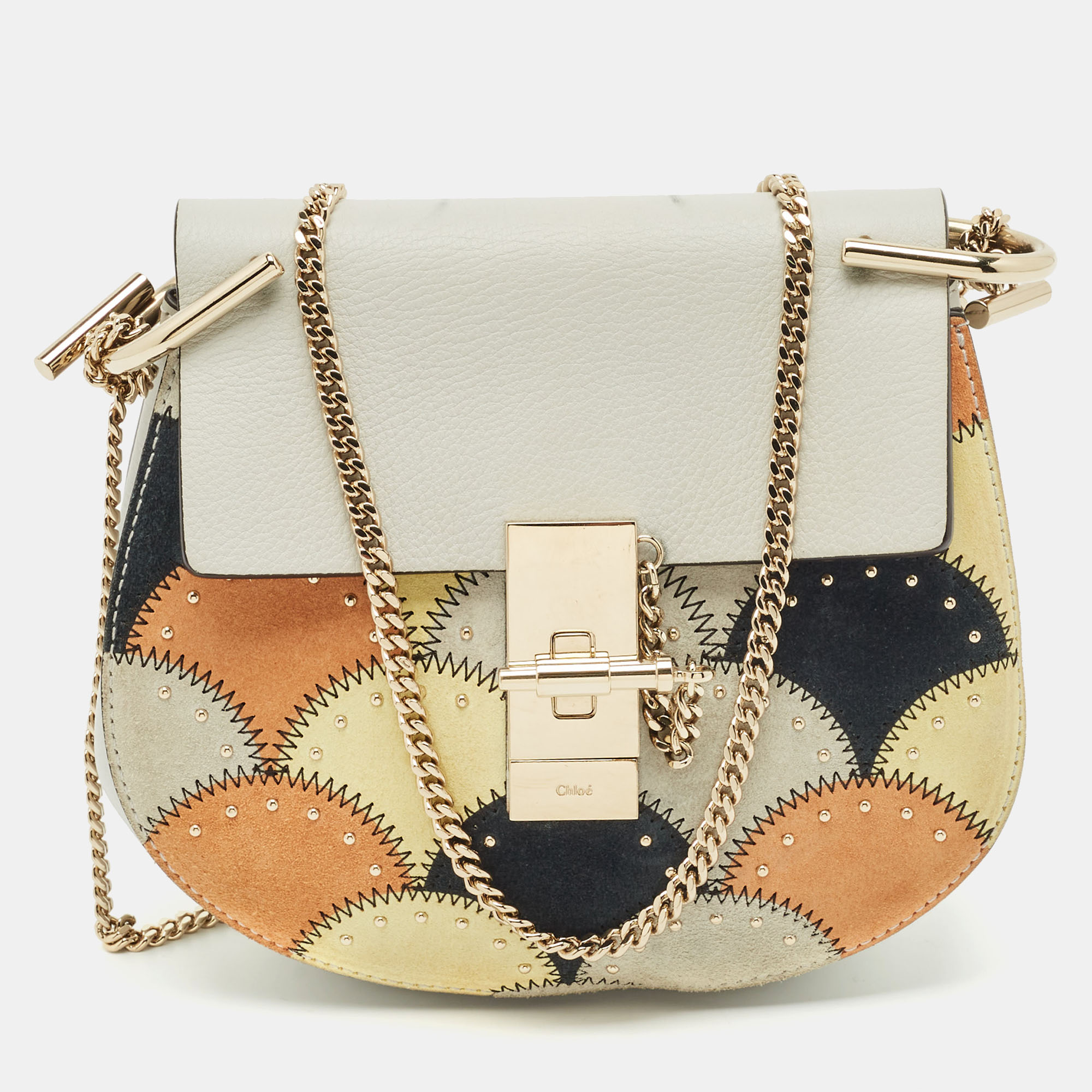 Chloe Grey/Multicolor Leather and Suede Studded Patchwork Drew Bag
Chloe Grey/Multicolor Leather and Suede Studded Patchwork Drew Bag